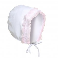 H34: White Bonnet Hat w/Lace (0-6 Months)